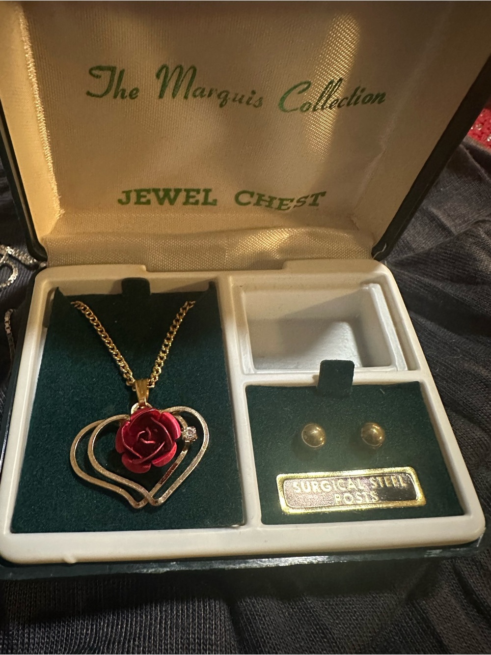 Gold-Tone Heart Necklace with Red Rose Pendant -